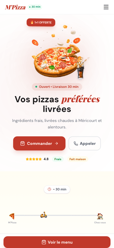 Vue mobile du site mPizza avec interface de commande
