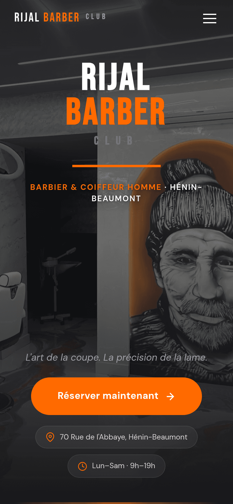 Vue mobile du site Rijal Barber Club avec bouton de réservation